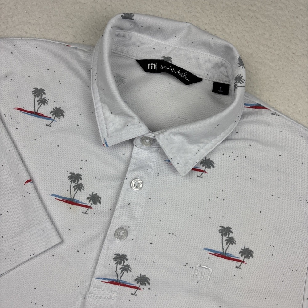 TRAVIS MATHEW Performance Polo Shirt Mens Small All-Over Print AOP Golf Stretch